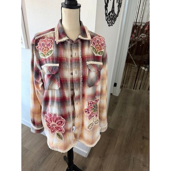 Unbranded Tops - Upcycled Tie-Dye Red Flannel Shirt Button Down with Floral Appliqués